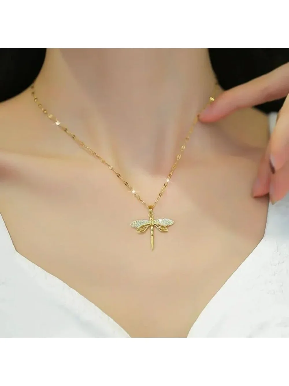 14k Yellow Gold Dragonfly Charm Necklace with Crystal Pendant for Women